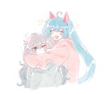  25-ji_night_code_de._(project_sekai) 2girls :3 :d ^_^ ahoge animal_ears blue_eyes blue_hair blush bumgae cat_ears closed_eyes dual_persona fang grey_hair grey_sweater hair_ornament hair_ribbon happy hatsune_miku highres hug long_hair long_sleeves multiple_girls notice_lines one_eye_closed open_mouth pink_sweater pom_pom_(clothes) pom_pom_hair_ornament project_sekai ribbon simple_background smile sweater twintails upper_body very_long_hair vocaloid white_background white_ribbon wonderlands_x_showtime_(project_sekai) 