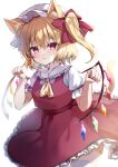  1girl absurdres animal_ears ascot backlighting blurry blush bow cat_ears cat_tail closed_mouth commentary_request cowboy_shot crystal depth_of_field eyebrows_visible_through_hair flandre_scarlet frilled_shirt_collar frilled_skirt frilled_sleeves frills hair_between_eyes hair_bow hat hat_ribbon highres honoka_chiffon kemonomimi_mode looking_at_viewer medium_hair mob_cap multicolored_wings paw_pose puffy_short_sleeves puffy_sleeves red_bow red_eyes red_ribbon red_skirt red_vest ribbon shirt short_sleeves side_ponytail simple_background skirt skirt_set solo tail thigh-highs touhou vest white_background white_headwear white_legwear white_shirt wings yellow_ascot yellow_tail 