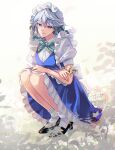  1girl apron artist_name black_footwear blue_dress blue_eyes bow bowtie braid buttons collared_shirt crossed_arms dated dress flower frilled_dress frilled_sleeves frills full_body green_bow grey_hair hair_between_eyes hair_bow holding holding_flower igetaon3 izayoi_sakuya legs_together maid maid_apron maid_headdress mary_janes medium_hair plant puffy_short_sleeves puffy_sleeves shirt shoes short_sleeves smile socks solo squatting touhou twin_braids waist_apron 