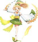  1girl barefoot blonde_hair bow earrings final_fantasy final_fantasy_v full_body hair_bow japanese_clothes jewelry krile_mayer_baldesion long_hair looking_at_viewer open_mouth ponytail simple_background smile solo white_background yellow_eyes 
