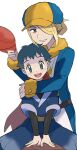  2boys :d arm_support bangs black_hair black_shirt blonde_hair blue_jumpsuit commentary_request grey_eyes hair_over_one_eye hat highres holding holding_clothes holding_hat jacket jumpsuit long_sleeves looking_at_viewer male_focus multiple_boys open_mouth own_hands_together pants pokemon pokemon_(game) pokemon_legends:_arceus red_headwear red_scarf rei_(pokemon) sana_(37pisana) scarf shirt short_hair smile teeth tongue upper_teeth volo_(pokemon) yellow_headwear 