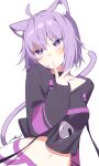  1girl ahoge animal_ear_fluff animal_ears bangs black_hoodie breasts cat_ears cat_girl cat_tail cropped_hoodie finger_to_own_chin hololive hood hood_down hoodie long_sleeves medium_breasts medium_hair midriff navel nekomata_okayu onigiri_print overlord_(overlord80000) pants purple_hair signature simple_background solo tail violet_eyes virtual_youtuber white_background white_pants 