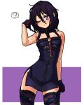 1girl black_dress black_gloves black_hair dress dungeon_and_fighter female_priest_(dungeon_and_fighter) gloves looking_down mistress_(dungeon_and_fighter) one_eye_closed short_hair solo sss_(komojinos3) tattoo thigh-highs upper_body violet_eyes 