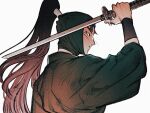  1boy arm_guards bangs brown_hair frown green_headwear hair_tubes hand_up head_scarf high_ponytail holding holding_sword holding_weapon ine_(zx_o4) japanese_clothes long_hair long_sleeves looking_away male_focus ninja ponytail profile rakudai_ninja_rantarou simple_background solo sword tachibana_senzou unsheathed weapon white_background 