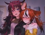  2girls alternate_costume animal_ears arm_grab bare_shoulders black_choker black_hair black_jacket blue_eyes blush casual choker close-up closed_eyes closed_mouth demon_horns hakos_baelz handot_(d_yot_) heterochromia highres hololive hololive_english horns ib irys_(hololive) jacket long_hair long_sleeves mouse_ears mouse_girl mousetrap multicolored_hair multiple_girls open_mouth painting_(object) pink_eyes purple_hair redhead scared streaked_hair tearing_up twintails upper_body virtual_youtuber wavy_hair white_hair yuri 