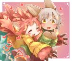  1girl 1other :d animal_ears animal_hands aqua_skirt artist_name blush border brown_fur closed_eyes commentary_request embarrassed fewer_digits furry glomp green_sweater grey_hair hands_up heart hug hug_from_behind long_hair long_sleeves made_in_abyss mitty_(made_in_abyss)_(furry) mumu_yu_mu nanachi_(made_in_abyss) number_pun open_mouth outside_border pink_fur pink_hair pink_skirt purple_background short_hair sidelocks skirt smile sweater teeth translation_request upper_teeth whiskers white_border yellow_eyes yellow_sweater 