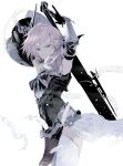  1girl armor armpits arms_up bare_shoulders cofffee cowboy_shot final_fantasy final_fantasy_xiii final_fantasy_xiii-2 green_eyes holding holding_shield holding_weapon incoming_attack lightning_farron long_hair looking_at_viewer pelvic_curtain shield solo thigh-highs weapon white_hair white_legwear 