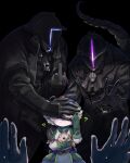  1girl 1other 2boys :3 ? akamtvahosi animal ascot black_ascot black_coat black_gloves blush bondrewd breasts child closed_mouth coat commentary_request covered_face covering_another&#039;s_eyes dark facing_viewer glint gloves green_gloves green_hair green_headwear gueira_(made_in_abyss) hat helm helmet highres holding holding_animal long_sleeves made_in_abyss meinya_(made_in_abyss) middle_finger multicolored_hair multiple_boys multiple_sources open_clothes open_coat orange_eyes overcoat pov pov_hands prushka small_breasts smile streaked_hair sweat tail whistle whistle_around_neck white_hair 