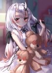  1girl absurdres blush dress highres hololive horns long_hair looking_at_viewer low_twintails nakiri_ayame oni_horns pooh_1140920 red_eyes ribbon sleeveless sleeveless_dress solo stuffed_animal stuffed_toy sundress teddy_bear twintails virtual_youtuber white_dress white_hair 