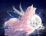  1girl ahoge animal_ear_fluff animal_ears blonde_hair blush commentary_request faceless faceless_female feathered_wings fox_ears fox_girl fox_tail grey_wings highres kitsune long_hair night night_sky original outdoors peas_(peas0125) sitting sky solo star_(sky) starry_sky tail transparent very_long_hair water wings 