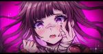  1girl @_@ artist_name bandaged_hand bandages bandaid bandaid_on_face bandaid_on_nose bangs blush criis-chan danganronpa_(series) danganronpa_2:_goodbye_despair gradient gradient_background hands_up letterboxed long_hair looking_at_viewer nail_polish open_mouth pink_background portrait purple_hair purple_nails shiny shiny_hair solo sparkle tears teeth tongue tsumiki_mikan violet_eyes 