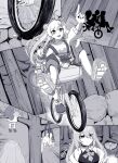  3girls airani_iofifteen animal_ears ayunda_risu beret bicycle bicycle_basket greyscale ground_vehicle hair_bun hat highres hololive hololive_indonesia in_tree long_hair monochrome moona_hoshinova multiple_girls overalls pointing pointing_forward riding rlus signature squirrel_ears squirrel_tail tail tree virtual_youtuber 
