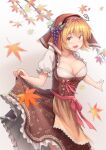  1girl aki_minoriko alternate_costume apron arm_up autumn_leaves bangs belt blush bow branch breasts brown_apron brown_dress brown_eyes brown_flower brown_headwear brown_rose brown_scarf collarbone commentary_request dress eyebrows_visible_through_hair eyes_visible_through_hair floral_print flower food frills fruit gradient gradient_background grapes green_bow grey_background grey_shirt hair_between_eyes hands_up head_scarf highres large_breasts leaf leaf_print looking_at_viewer open_mouth orange_hair pants pink_belt pink_bow pink_flower polka_dot puffy_short_sleeves puffy_sleeves rose rose_print scarf shiratsuki_shiori shirt short_hair short_sleeves smile solo standing striped striped_apron touhou 