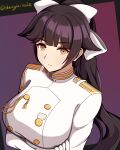  1girl animal_ears azur_lane badge black_hair bow breasts brown_eyes crossed_arms dog_ears epaulettes extra_ears eyebrows_visible_through_hair hair_ears hair_flaps highres jacket large_breasts light_smile long_hair looking_at_viewer military military_uniform ponytail purple_background ribbon shanghai_kani solo takao_(azur_lane) twitter_username uniform upper_body white_bow white_jacket white_ribbon 