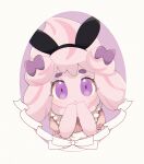  1girl alcremie alcremie_(ribbon_sweet) alcremie_(ruby_cream) animal_ears apron bangs black_hairband blurry blush bow chromatic_aberration closed_mouth clothed_pokemon colored_skin commentary_request depth_of_field dress expressionless fake_animal_ears frilled_apron frills hair_bow hairband hand_to_own_mouth hands_up highres light_blush looking_at_viewer maid maid_apron medium_hair multicolored_hair own_hands_together partial_commentary pink_dress pink_hair pink_skin pokemon pokemon_(creature) puffy_short_sleeves puffy_sleeves purple_bow rabbit_ears redhead round_image short_sleeves shuri_(pixiv_12750616) sidelocks simple_background solo straight-on streaked_hair two-tone_hair upper_body violet_eyes white_apron white_background 