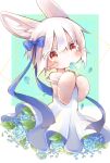  1other animal_ears bare_shoulders blue_background blue_bow blue_flower blue_ribbon border bow commentary_request dress flower furry hair_between_eyes hair_bow hair_ribbon hands_up head_tilt highres horizontal_pupils looking_at_viewer looking_to_the_side made_in_abyss mouth_hold multiple_sources mumu_yu_mu nanachi_(made_in_abyss) other_focus outside_border petals red_eyes ribbon solo spaghetti_strap strap_slip sundress whiskers white_border white_dress white_hair 