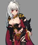  1girl ahoge arm_guards armor armored_dress blush cape dark_templar_(dungeon_and_fighter) dungeon_and_fighter embarrassed female_slayer_(dungeon_and_fighter) highres long_hair red_eyes shoulder_guard sss_(komojinos3) thigh-highs white_hair 