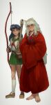  1boy 1girl absurdres arrow_(projectile) barefoot black_hair bow_(weapon) brown_footwear closed_mouth fang fang_out green_sailor_collar green_skirt hands_in_opposite_sleeves highres higurashi_kagome holding holding_bow_(weapon) holding_weapon inuyasha inuyasha_(character) long_hair looking_at_viewer miniskirt mossacannibalis neckerchief parted_lips red_neckerchief sailor_collar school_uniform serafuku shirt shoes simple_background skirt smile socks standing weapon white_background white_hair white_legwear white_shirt yellow_eyes yumi_(bow) 
