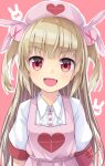  &gt;_&lt; 1girl :d apron armband bangs brown_hair bunny_hair_ornament center_frills collared_shirt commentary_request eyebrows_visible_through_hair fang frills hair_ornament hat heart highres long_hair looking_at_viewer natori_sana nurse_cap outline pink_apron pink_background pink_headwear puffy_short_sleeves puffy_sleeves red_eyes sana_channel shirt short_sleeves smile solo two_side_up upper_body uumaru very_long_hair virtual_youtuber white_outline white_shirt 