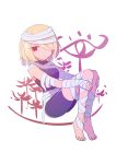  1girl absurdres bandages barefoot blonde_hair bodysuit breasts closed_mouth commentary full_body hair_over_one_eye highres looking_at_viewer red_eyes sheik short_hair simple_background solo supure647 the_legend_of_zelda the_legend_of_zelda:_ocarina_of_time white_background 