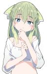  1girl bare_shoulders blue_eyes bright_pupils collarbone copyright_request eyebrows_visible_through_hair green_hair green_ribbon hair_between_eyes hair_ribbon ixy long_hair looking_at_viewer ribbon shirt simple_background solo upper_body white_background white_pupils white_shirt 