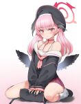  1girl black_wings blue_archive cho!cho! gradient gradient_background halo hat highres koharu_(blue_archive) looking_at_viewer pink_background pink_eyes pink_hair sitting solo twintails wariza white_background wings 