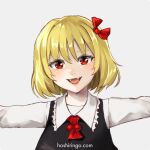  1girl ascot black_vest blonde_hair close-up collared_shirt commentary_request face fang frilled_shirt_collar frills hair_ribbon head_tilt hoshiringo0902 lips long_sleeves looking_at_viewer open_mouth outstretched_arms red_ascot red_eyes red_ribbon ribbon rumia shirt short_hair simple_background solo touhou vest white_background white_shirt 