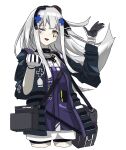  1girl arm_up bag bangs breasts cropped_legs eyebrows_visible_through_hair girls_frontline gloves green_eyes grey_hair hair_ornament hair_ribbon hairband hairclip highres hk416_(girls&#039;_frontline) holding holding_bag jacket long_hair long_sleeves looking_at_viewer one_eye_closed open_mouth ribbon shitamichi_4444 smile solo standing tactical_clothes teardrop_facial_mark teardrop_tattoo white_background white_gloves 