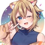  1girl animal_ear_fluff animal_ears anzu_1026 bangs blonde_hair blue_eyes blue_ribbon confetti fang hair_between_eyes hair_ribbon hand_up highres index_finger_raised indie_virtual_youtuber light_blush lion_ears long_sleeves looking_at_viewer one_eye_closed open_mouth ribbon shishihime_romio short_hair signature sleeves_past_wrists smile solo sweater tears upper_body 