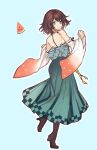  1girl blue_eyes boots brown_hair closed_mouth detached_sleeves final_fantasy final_fantasy_x food fruit full_body green_eyes hakama hakama_skirt heterochromia japanese_clothes looking_at_viewer sasanomesi short_hair simple_background skirt smile solo watermelon yuna_(ff10) 