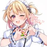  1girl anzu_1026 bangs blonde_hair braid hands_up happy_birthday heart heart_hands highres indie_virtual_youtuber light_blush maid_headdress one_eye_closed open_mouth otome_moka pink_eyes puffy_sleeves short_sleeves simple_background solo teeth two_side_up upper_body upper_teeth virtual_youtuber white_background 