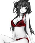  1girl ahoge bra breasts commentary_request double_bun eyebrows_visible_through_hair greyscale hair_over_shoulder highres kantai_collection kongou_(kancolle) large_breasts lingerie long_hair monochrome navel open_mouth panties red_bra red_panties rizzl underwear white_background 