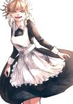  1girl apron bags_under_eyes blonde_hair boku_no_hero_academia double_bun dress fangs fangs_out highres long_dress maid maid_apron maid_day messy_hair open_mouth simple_background slit_pupils smile toga_himiko white_background yagi0illust yellow_eyes 