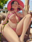  1girl bangs bikini black_hair blue_eyes blurry blurry_background breasts closed_mouth criss-cross_halter day depth_of_field halterneck hand_up ignite_(artist) knee_up large_breasts looking_away looking_to_the_side marnie_(pokemon) medium_breasts on_chair outdoors patreon_logo patreon_username pink_bikini pokemon pokemon_(game) pokemon_swsh sitting solo swimsuit twintails web_address wooden_chair 