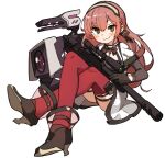  1girl amonitto bangs black_gloves blaser_r93 blush bolt_action brown_eyes closed_mouth commentary_request dinergate_(girls&#039;_frontline) dress eyebrows_visible_through_hair full_body girls_frontline gloves gun hair_between_eyes holding holding_gun holding_weapon long_sleeves looking_at_viewer r93_(girls&#039;_frontline) red_legwear rifle simple_background smile sniper_rifle weapon white_background 