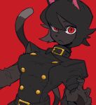  1girl animal_ears black_fur black_hair bone_nig borrowed_character breasts cat_ears cat_girl cat_tail closed_mouth collar furry highres long_sleeves looking_at_viewer medium_breasts original red_background red_eyes simple_background slit_pupils solo tail upper_body 