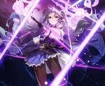  1girl bare_shoulders brown_legwear clone cowboy_shot daniel_deng dress earrings electricity frilled_skirt frilled_sleeves frills genshin_impact gloves glowing hair_bun highres holding holding_sword holding_weapon jewelry keqing_(genshin_impact) looking_at_viewer pantyhose purple_background purple_dress purple_gloves purple_hair simple_background skirt solo sword thighs twintails violet_eyes weapon wind wind_lift 