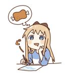  1girl bangs blonde_hair blush boned_meat bow food hair_bow hands_on_own_cheeks hands_on_own_face holding holding_pen imagining long_hair long_sleeves meat namori open_mouth pen saliva shirt sitting solo toshinou_kyouko translation_request yuru_yuri 