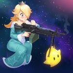  1girl absurdres aqua_dress bare_shoulders blonde_hair blue_eyes blush collarbone crown dress earrings english_commentary full_body gun hair_over_one_eye highres holding holding_gun holding_weapon jewelry lips long_dress long_hair m249 machine_gun mathias_leth off-shoulder_dress off_shoulder rosalina solo space star_(symbol) star_print super_mario_bros. weapon wide_sleeves 