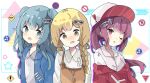  ! 3girls :d ;o bangs baseball_cap blonde_hair blue_eyes blue_hair blue_jacket blush braid brown_dress brown_eyes brown_hair collared_shirt commentary dress dress_shirt eyebrows_visible_through_hair grey_shirt hair_ornament hat head_tilt highres jacket long_hair looking_at_viewer multiple_girls no_entry_sign no_u-turn_sign nose_blush off_shoulder one_eye_closed open_clothes open_jacket original parted_lips personification ponytail red_jacket road_sign shirt sign smile symbol-only_commentary tsukiyo_(skymint) twin_braids two_side_up upper_body wavy_mouth white_background white_headwear white_shirt 