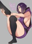  1girl agawa_ryou armpit_peek bare_shoulders black_legwear bob_cut breasts dated dressing english_commentary full_body green_eyes grey_background hood inverted_bob large_breasts no_shoes original purple_hair short_hair sidelocks signature simple_background sitting sleeveless solo thigh-highs thighs 