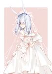  1girl alternate_costume animal_ears arknights bare_shoulders black_eyes blush border breasts clothes_lift dress dress_lift ear_ornament frostnova_(arknights) grey_hair hair_over_one_eye heart highres krverzravys long_hair looking_at_viewer off-shoulder_dress off_shoulder outside_border parted_lips pink_background rabbit_ears scar scar_on_face scar_on_nose simple_background small_breasts solo wedding_dress white_border white_dress 