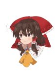  1girl ascot bangs blush bow brown_eyes brown_hair closed_mouth drooping_headgear expressive_clothes eyebrows_visible_through_hair eyes_visible_through_hair frills hair_between_eyes hair_ornament hair_tubes hakurei_reimu highres looking_to_the_side red_bow short_hair simple_background solo touhou uchisaki_himari upper_body white_background yellow_ascot 