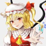  1girl ascot blonde_hair blush close-up closed_mouth collared_shirt commentary_request crystal face flandre_scarlet frilled_shirt_collar frilled_sleeves frills happy hat hat_ribbon hoshiringo0902 medium_hair mob_cap one_side_up outstretched_arm puffy_short_sleeves puffy_sleeves red_eyes red_ribbon red_vest ribbon shirt short_sleeves side_ponytail simple_background smile touhou vest white_background white_headwear white_shirt wings yellow_ascot 