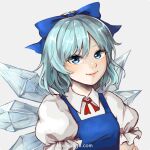  1girl bangs blue_bow blue_dress blue_eyes blue_hair bow cirno close-up closed_mouth collared_shirt commentary_request crossed_arms dress face fairy frilled_sleeves frills hair_bow happy hoshiringo0902 ice ice_wings lips looking_at_viewer neck_ribbon pinafore_dress puffy_short_sleeves puffy_sleeves red_ribbon ribbon shirt short_hair short_sleeves smile solo touhou white_shirt wings 