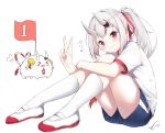  1girl bangs blue_shorts blush closed_mouth full_body grey_hair hair_ribbon hololive horns kneehighs knees_up long_hair mocacoco339 multicolored_hair nakiri_ayame oni_horns ponytail poyoyo_(nakiri_ayame) red_eyes red_ribbon redhead ribbon shirt shoes short_shorts short_sleeves shorts sitting smile solo streaked_hair translation_request v virtual_youtuber white_footwear white_legwear white_shirt 