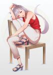  1girl animal_ears bangs bare_arms bare_shoulders blunt_bangs commentary gold_ship_(umamusume) grey_background grey_hair high_heels highres horse_ears horse_girl horse_tail jewelry kainown knee_up long_hair looking_at_viewer necklace pants red_eyes red_shirt sandals shirt sleeveless sleeveless_shirt solo tail toes umamusume white_pants 