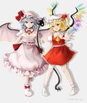  2girls absurdres ascot back_bow bat_wings blonde_hair blouse blue_hair blush bow breasts closed_mouth collared_shirt commentary_request crystal embodiment_of_scarlet_devil eyelashes flandre_scarlet footwear_bow frilled_shirt frilled_skirt frills happy hat hat_ribbon highres hoshiringo0902 laevatein_(touhou) lips looking_at_viewer medium_hair mob_cap multiple_girls no_shoes one_side_up outstretched_arm pink_footwear pink_headwear pink_skirt puffy_short_sleeves puffy_sleeves red_eyes red_ribbon red_skirt red_vest remilia_scarlet ribbon shirt short_hair short_sleeves siblings side_ponytail simple_background sisters skirt small_breasts smile socks standing touhou vampire vest wavy_hair white_background white_bow white_headwear white_legwear white_shirt wings yellow_ascot 