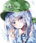  absurdres backpack bag bangs blue_eyes blue_hair blue_nails blunt_bangs blush breasts closed_mouth commentary_request eyebrows_visible_through_hair flat_cap frilled_shirt_collar frills green_bag green_headwear hand_in_own_hair hat head_tilt highres kawashiro_nitori key looking_at_viewer maboroshi_mochi medium_hair nail_polish simple_background small_breasts touhou upper_body white_background 