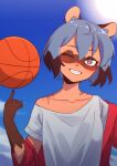  1girl absurdres animal_ears basketball blue_hair blue_sky brand_new_animal clenched_teeth clouds collarbone day furry furry_female green_eyes highres jacket kagemori_michiru looking_at_viewer multicolored_eyes off-shoulder_shirt off_shoulder one_eye_closed pink_eyes raccoon_ears raccoon_girl scar shirt short_hair sky smile solo sun tanquito_kun teenage teeth tomboy track_jacket upper_body white_shirt young 